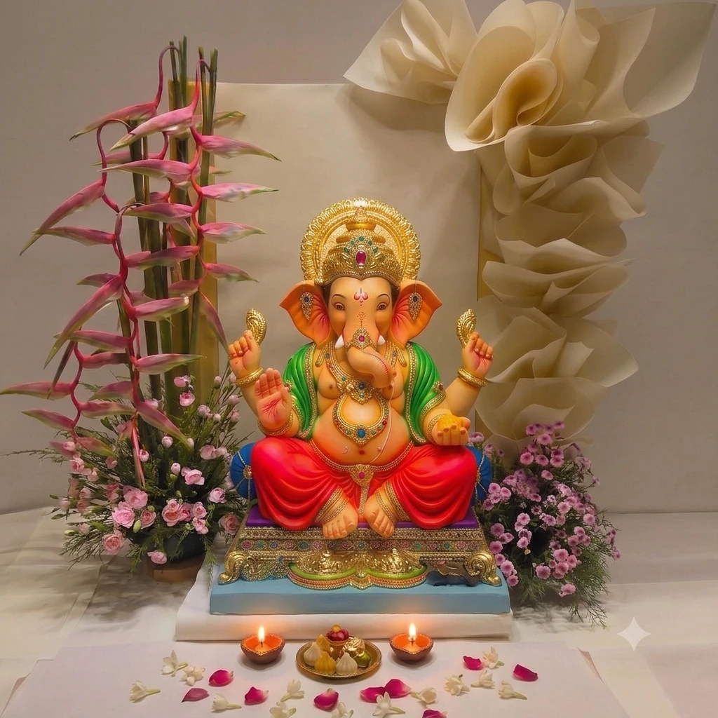 A Ganpati arrangement with pink heliconia, roses and sculpted cream paper forms