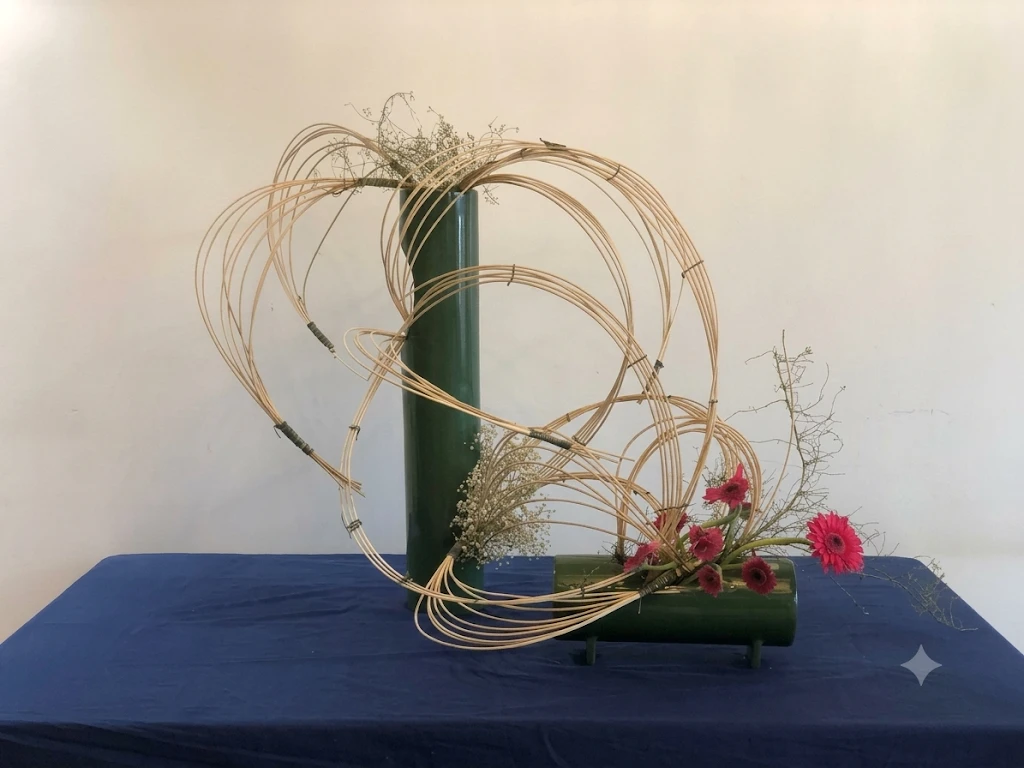 Looping cane circles and red gerberas set against green bamboo cylinders